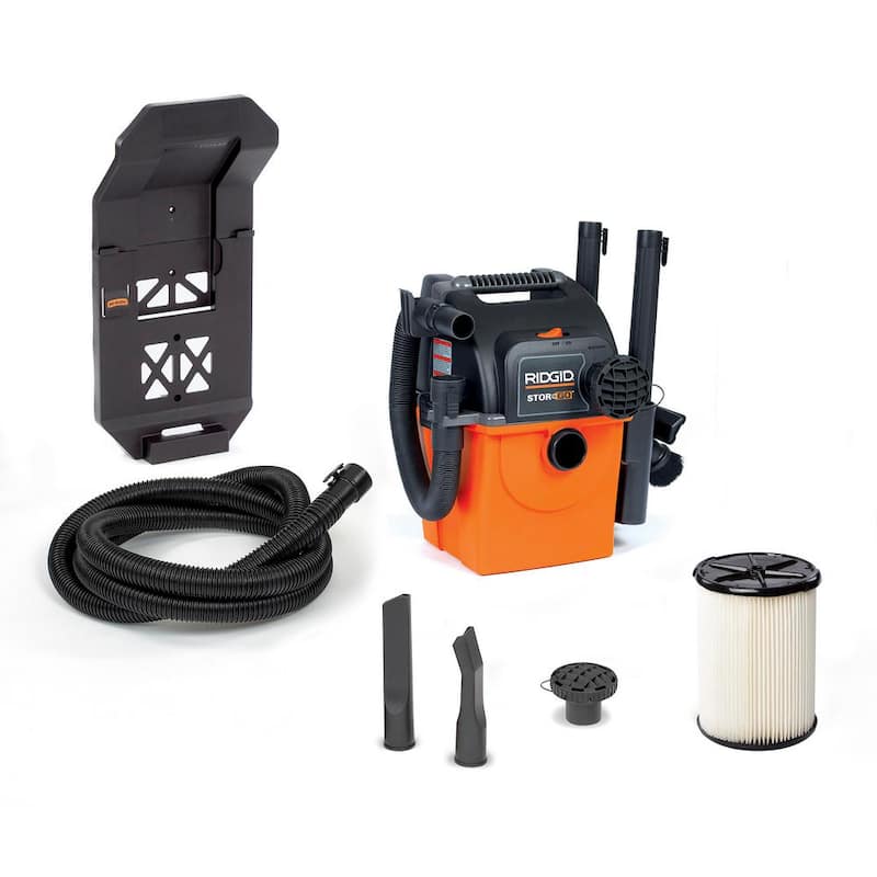 RIDGID 5 Gal. 5.0 Peak HP Portable Wall Mount Shop Vac Wet Dry Vacuum with Filter, Two Locking Hoses and Accessory Attachments - WD5500