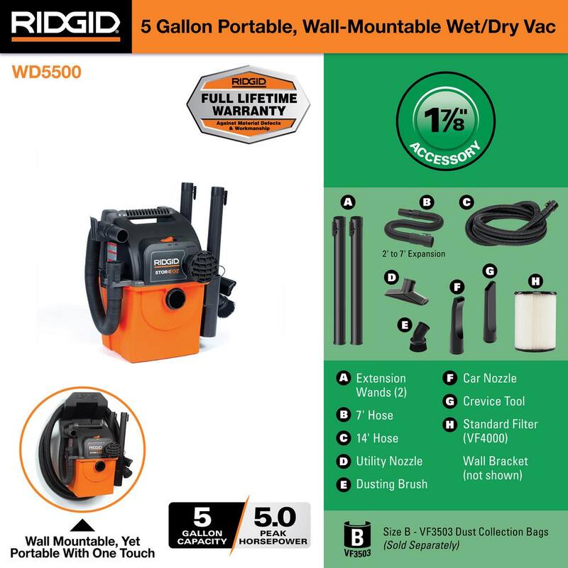 RIDGID 5 Gal. 5.0 Peak HP Portable Wall Mount Shop Vac Wet Dry Vacuum with Filter, Two Locking Hoses and Accessory Attachments - WD5500