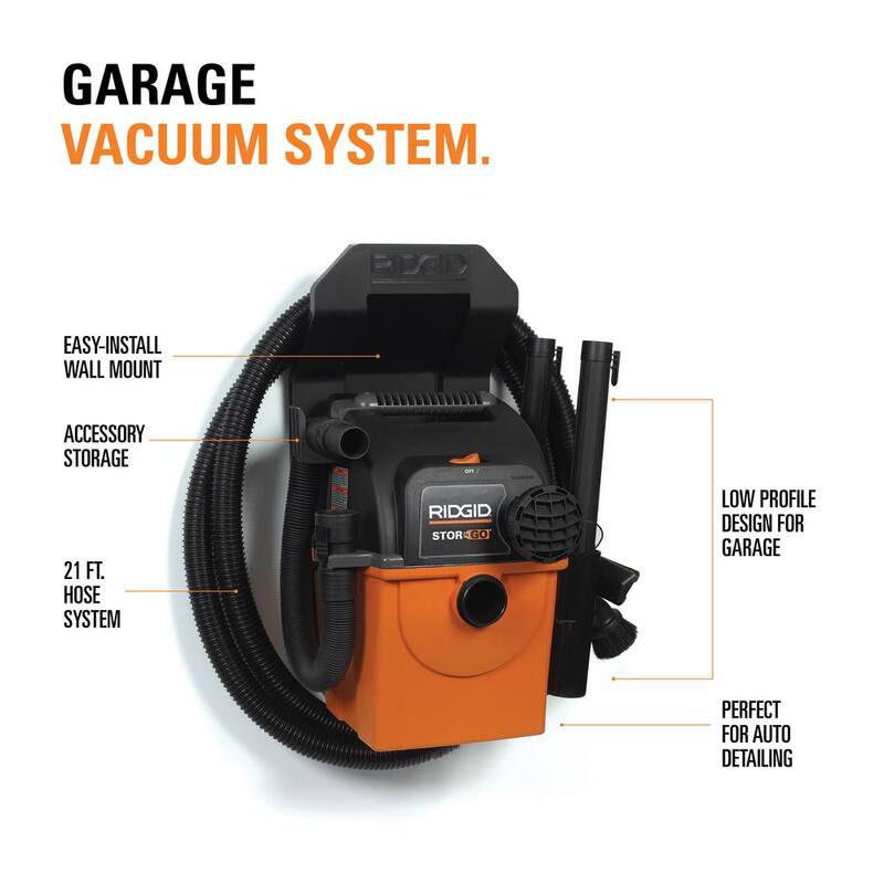 RIDGID 5 Gal. 5.0 Peak HP Portable Wall Mount Shop Vac Wet Dry Vacuum with Filter, Two Locking Hoses and Accessory Attachments - WD5500