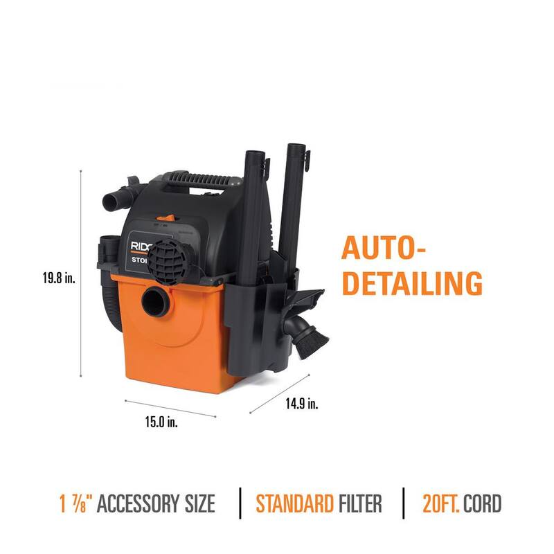 RIDGID 5 Gal. 5.0 Peak HP Portable Wall Mount Shop Vac Wet Dry Vacuum with Filter, Two Locking Hoses and Accessory Attachments - WD5500