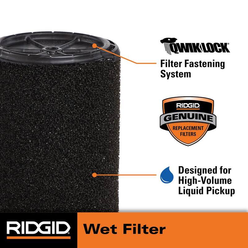 RIDGID Wet Debris Application, Foam Wet Dry Vacuum Shop Vac Filter for Most 5-16 Gallon RIDGID Shop Vacs (1-Pack) - VF7000