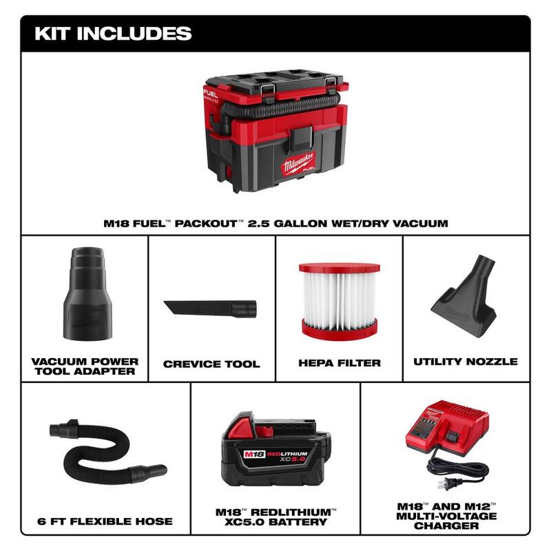 Milwaukee M18 FUEL PACKOUT 18-Volt Lithium-Ion Cordless 2.5 Gal. Wet/Dry Vacuum with 5.0 Ah Battery and Charger - 0970-20-48-59-1850