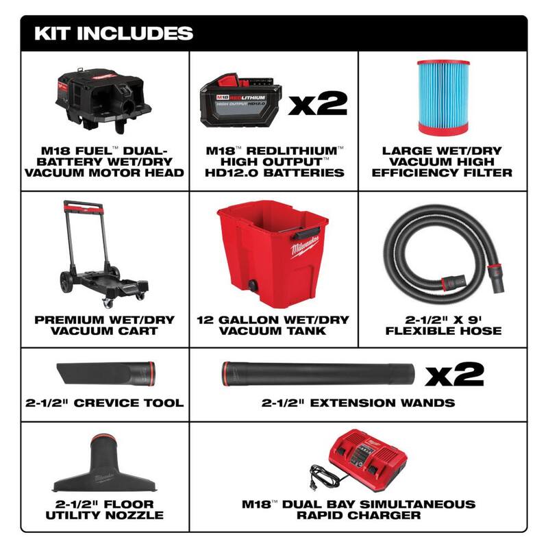 Milwaukee M18 FUEL 12 Gallon Cordless DUAL-BATTERY Wet/Dry Shop Vac Kit W/12.0 Ah Battery, Charger, Filter, Hose, and Accessories - 0930-22HD