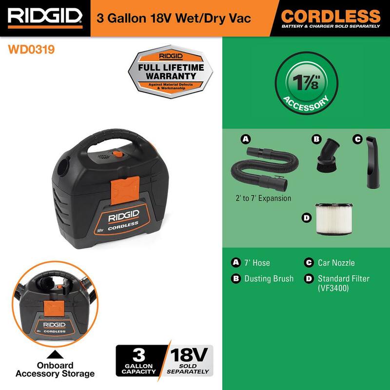 RIDGID 3 Gallon 18-Volt Cordless Handheld Shop Vac Wet Dry Vacuum (Tool Only) with Filter, Expandable Hose and Accessories - WD0319