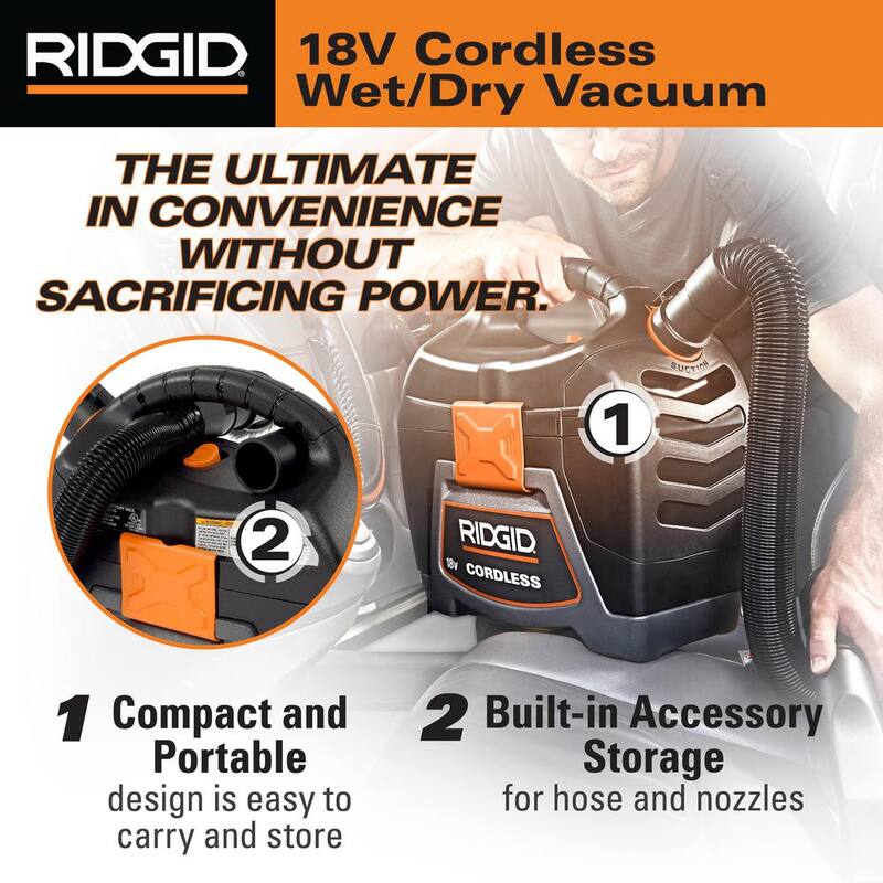RIDGID 3 Gallon 18-Volt Cordless Handheld Shop Vac Wet Dry Vacuum (Tool Only) with Filter, Expandable Hose and Accessories - WD0319