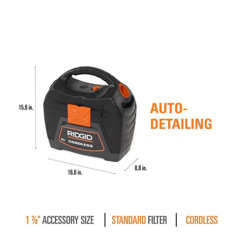 RIDGID 3 Gallon 18-Volt Cordless Handheld Shop Vac Wet Dry Vacuum (Tool Only) with Filter, Expandable Hose and Accessories - WD0319