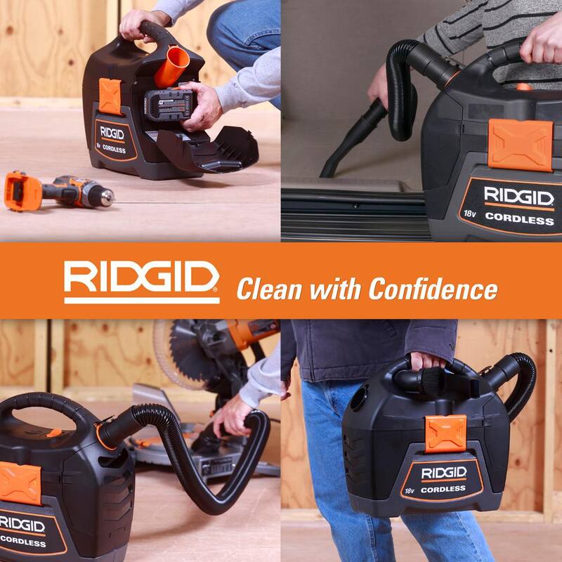 RIDGID 3 Gallon 18-Volt Cordless Handheld Shop Vac Wet Dry Vacuum (Tool Only) with Filter, Expandable Hose and Accessories - WD0319