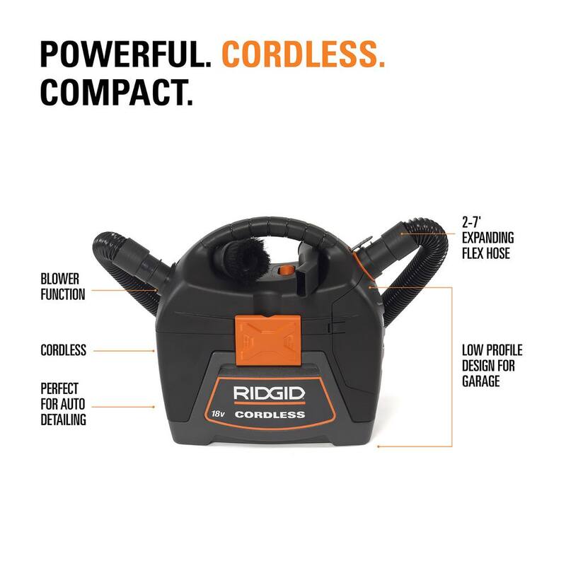 RIDGID 3 Gallon 18-Volt Cordless Handheld Shop Vac Wet Dry Vacuum (Tool Only) with Filter, Expandable Hose and Accessories - WD0319
