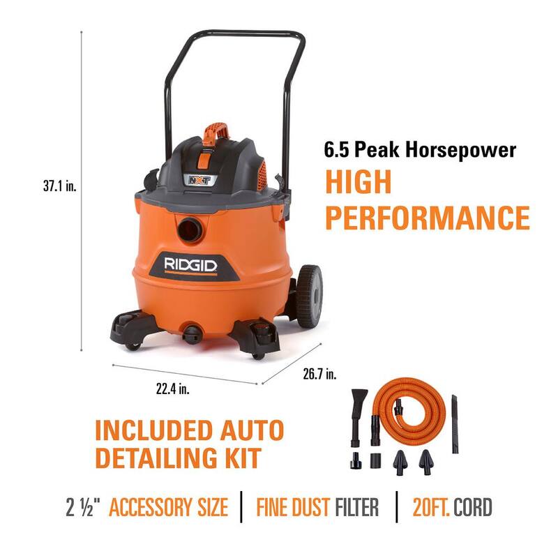 RIDGID 16 Gallon 6.5 Peak HP NXT Shop Vac Wet Dry Vacuum, Fine Dust Filter, Locking Hose, Accessories and Car Cleaning Kit - HD1800B