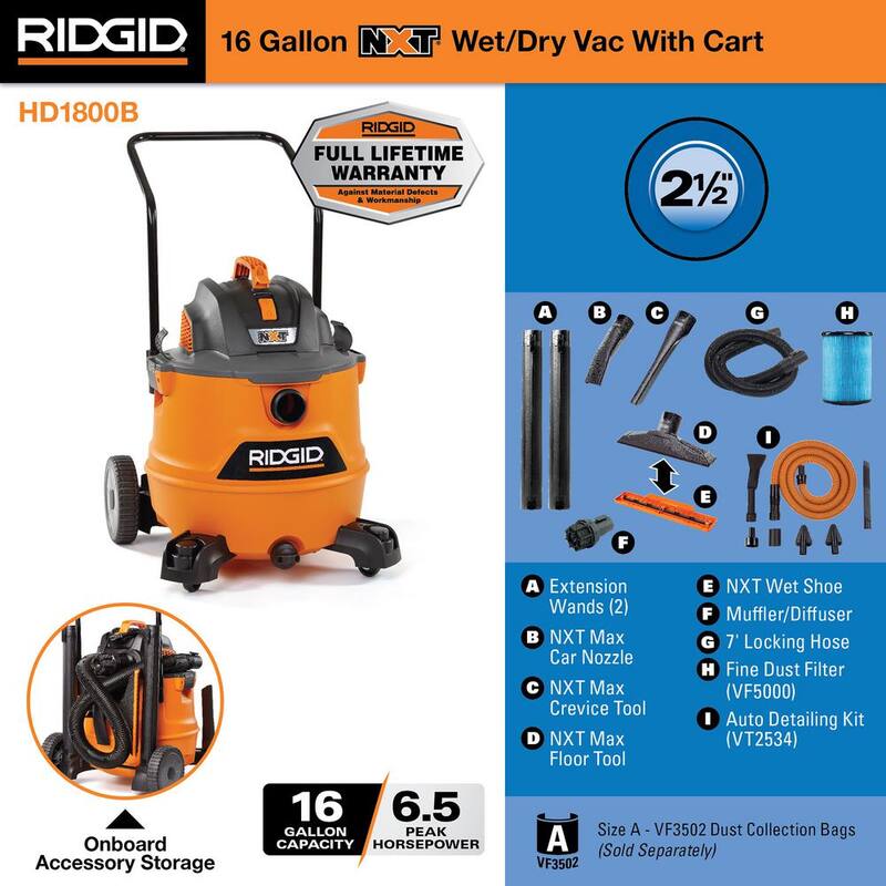 RIDGID 16 Gallon 6.5 Peak HP NXT Shop Vac Wet Dry Vacuum, Fine Dust Filter, Locking Hose, Accessories and Car Cleaning Kit - HD1800B