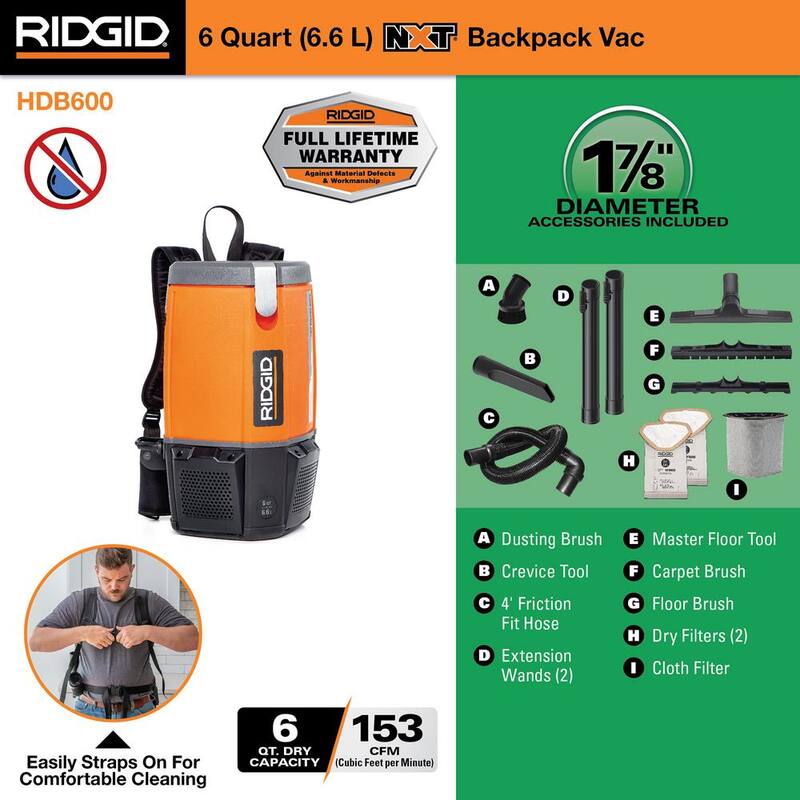 RIDGID 6 Qt. (1.5 Gal.) NXT Backpack Vacuum Cleaner with Filters, Locking Accessories Shop Vac Attachments for Dry Applications - HDB600