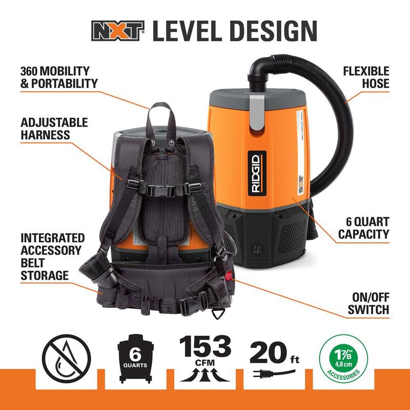 RIDGID 6 Qt. (1.5 Gal.) NXT Backpack Vacuum Cleaner with Filters, Locking Accessories Shop Vac Attachments for Dry Applications - HDB600
