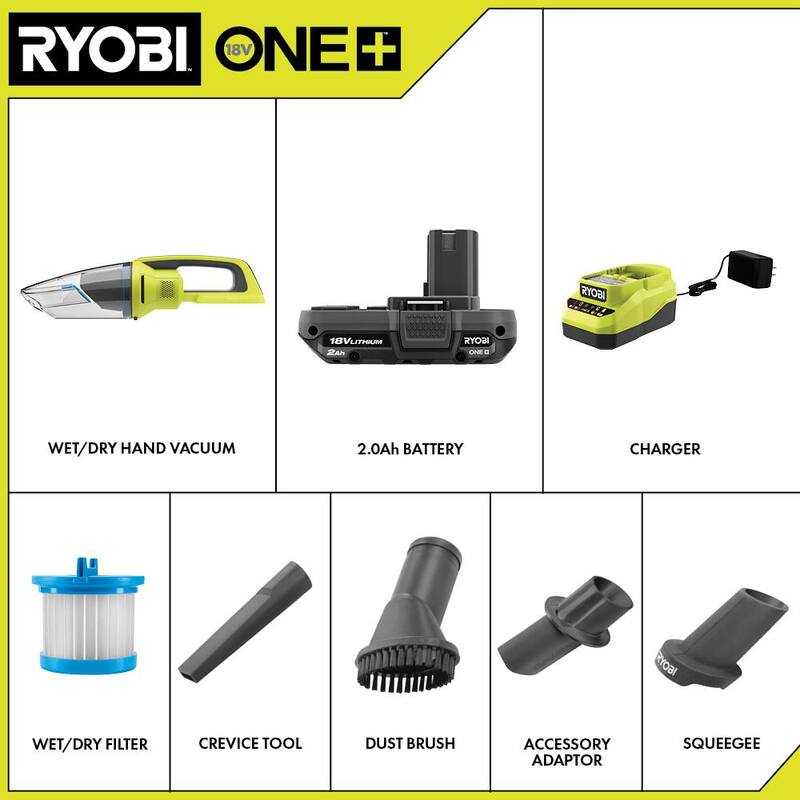 RYOBI ONE+ 18V Cordless Wet/Dry Hand Vacuum Kit with 2.0 Ah Battery and Charger - PCL702K