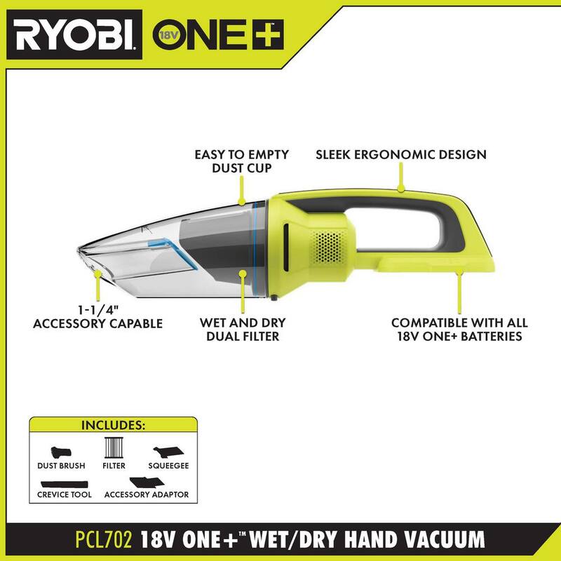 RYOBI ONE+ 18V Cordless Wet/Dry Hand Vacuum Kit with 2.0 Ah Battery and Charger - PCL702K