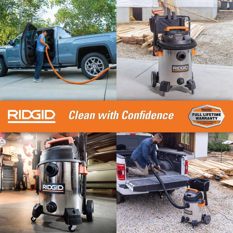 RIDGID 16 Gal. 6.5 Peak HP Stainless Steel Shop Vac Wet Dry Vacuum with Fine Dust Filter, 7 ft. and 10 ft. Hoses, Accessories - WD1956B
