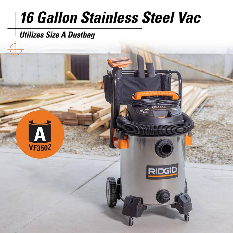 RIDGID 16 Gal. 6.5 Peak HP Stainless Steel Shop Vac Wet Dry Vacuum with Fine Dust Filter, 7 ft. and 10 ft. Hoses, Accessories - WD1956B