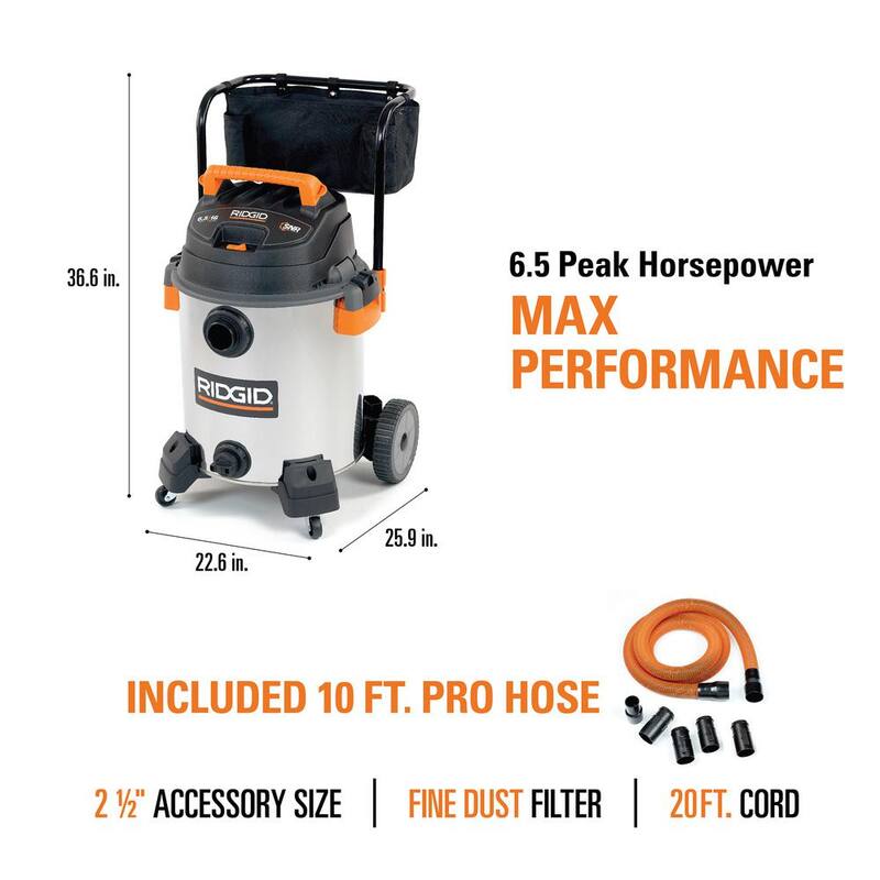 RIDGID 16 Gal. 6.5 Peak HP Stainless Steel Shop Vac Wet Dry Vacuum with Fine Dust Filter, 7 ft. and 10 ft. Hoses, Accessories - WD1956B