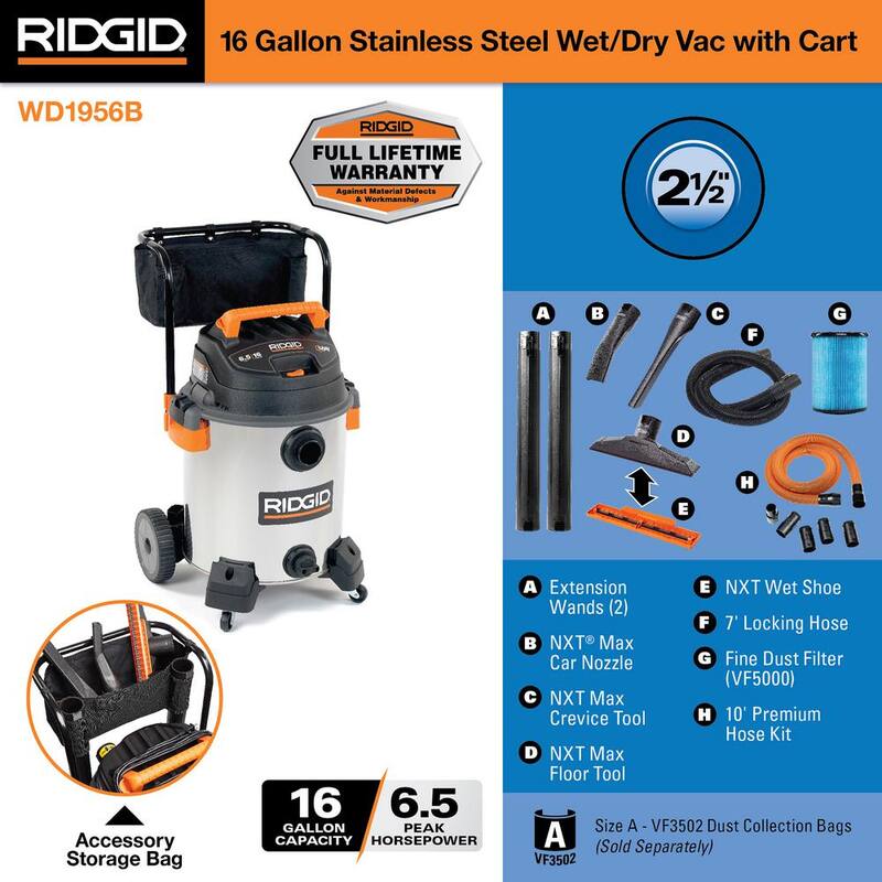 RIDGID 16 Gal. 6.5 Peak HP Stainless Steel Shop Vac Wet Dry Vacuum with Fine Dust Filter, 7 ft. and 10 ft. Hoses, Accessories - WD1956B