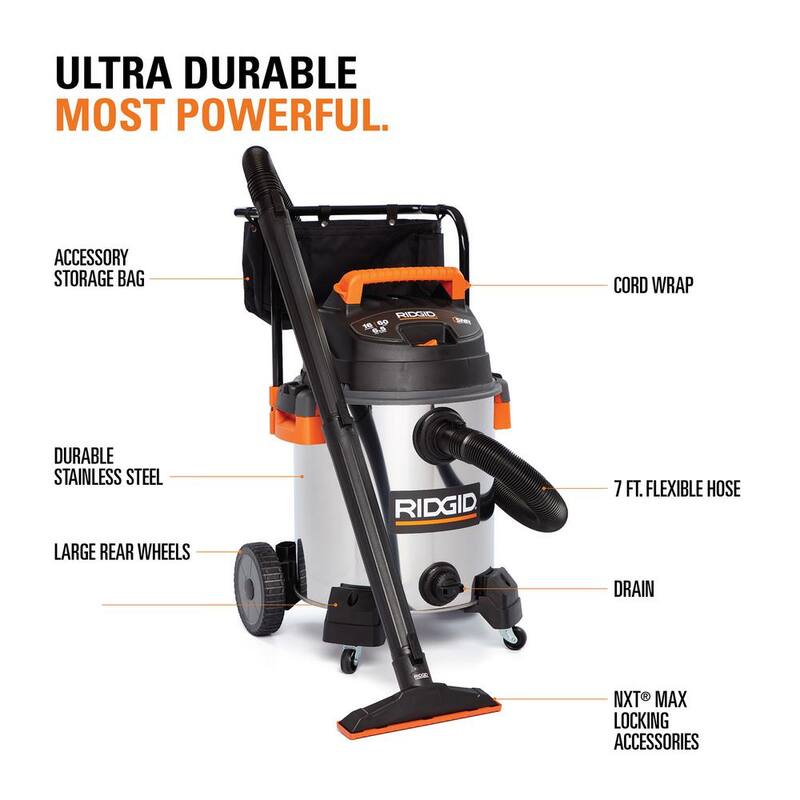 RIDGID 16 Gal. 6.5 Peak HP Stainless Steel Shop Vac Wet Dry Vacuum with Fine Dust Filter, 7 ft. and 10 ft. Hoses, Accessories - WD1956B
