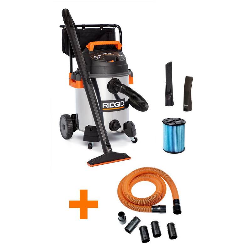 RIDGID 16 Gal. 6.5 Peak HP Stainless Steel Shop Vac Wet Dry Vacuum with Fine Dust Filter, 7 ft. and 10 ft. Hoses, Accessories - WD1956B