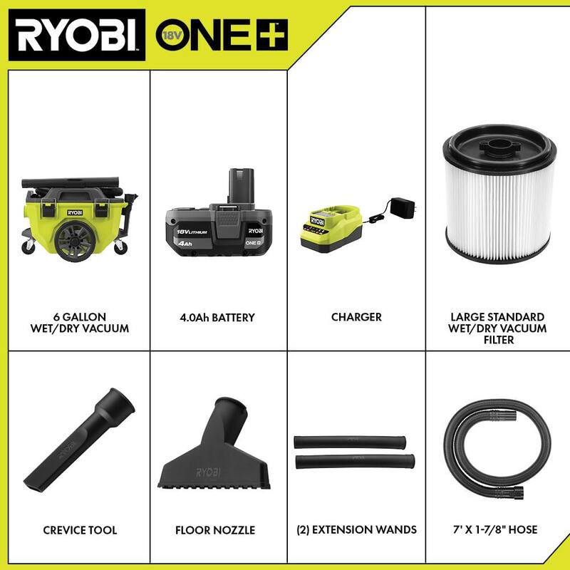 RYOBI ONE+ 18V Cordless 6 Gal. Wet Dry Vacuum Kit with 4.0 Ah Battery and 18V Charger - PCL735K