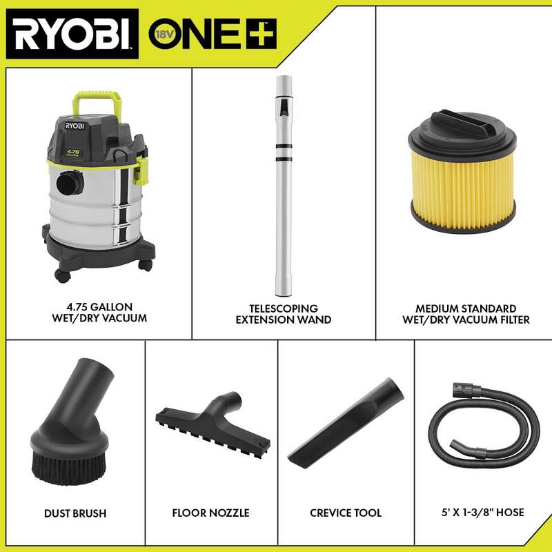 RYOBI ONE+ 18V Cordless 4.75 Gallon Wet/Dry Vacuum (Tool Only) - PWV201B