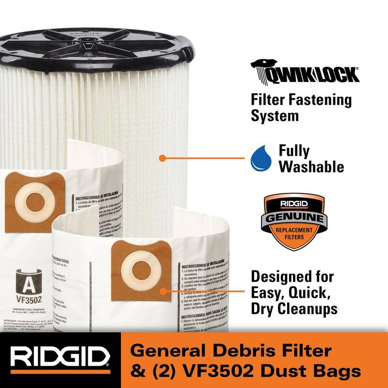 RIDGID Wet Dry Vacuum Filter Kit with General Debris Cartridge Filter and Two Dust Bags for Select 12-16 Gal RIDGID Shop Vacs - VF4500