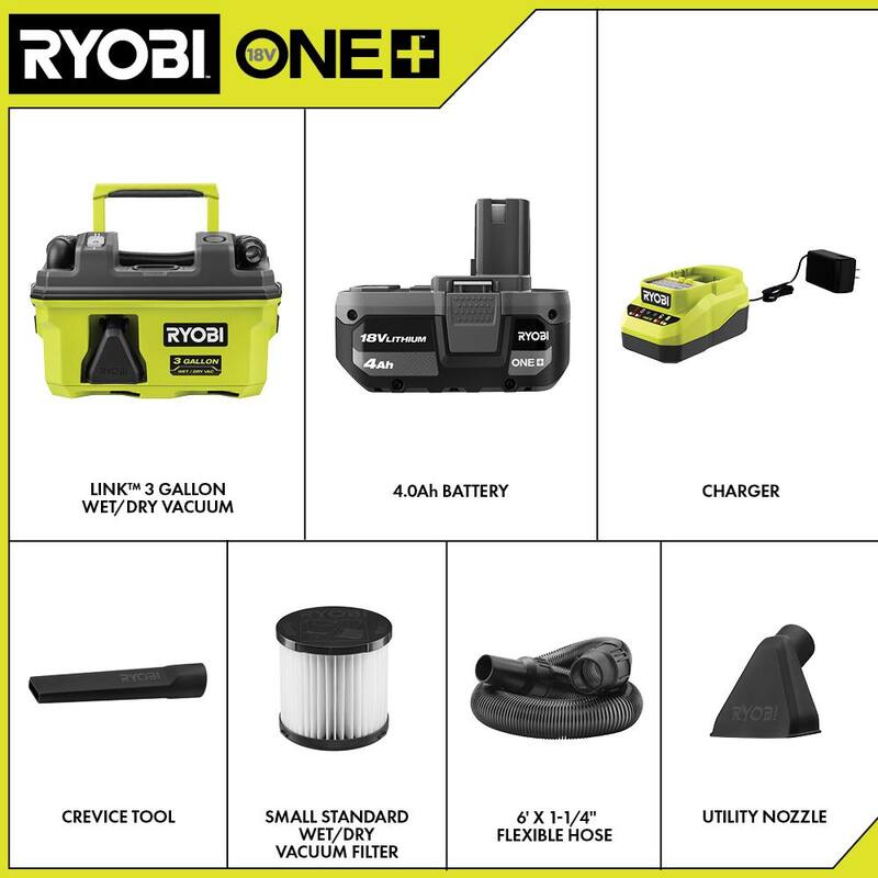 RYOBI ONE+ 18V LINK Cordless 3 Gal. Wet/Dry Vacuum Kit with 4.0 Ah Battery and 18V Charger - PCL734K