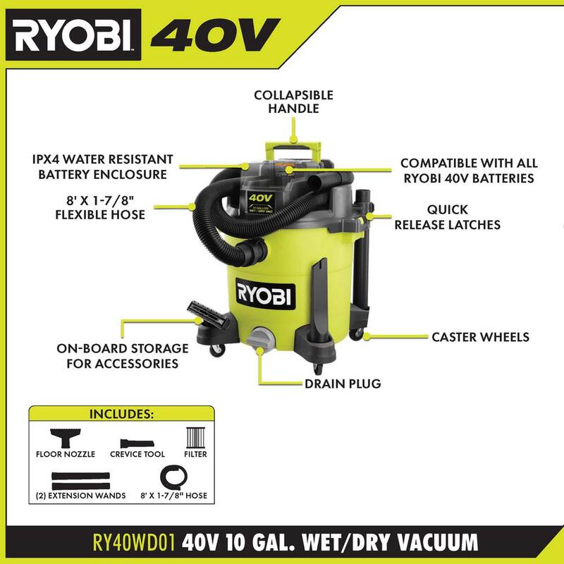RYOBI 40V 10 Gal. Cordless Wet/Dry Vacuum (Tool Only) - RY40WD01B