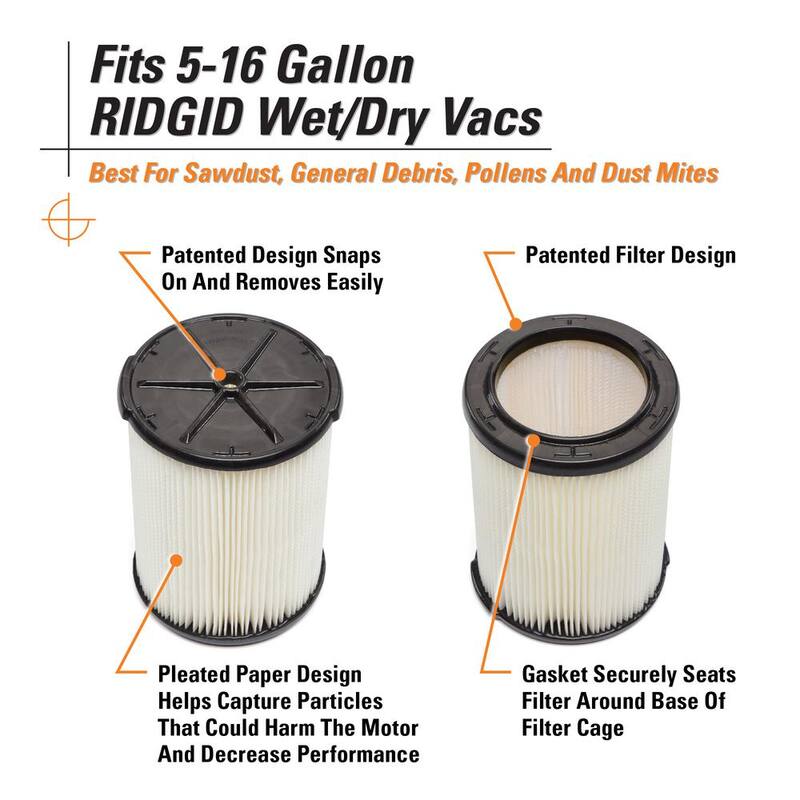 RIDGID General Debris Pleated Paper Wet Dry Vacuum Shop Vac Filter Replacement for Most 5-16 Gallon RIDGID Shop Vacs (16-Pack) - VF4200C
