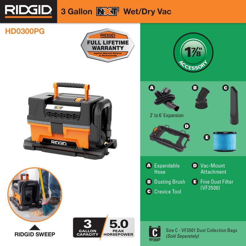 RIDGID 3 Gal. 5.0 Peak HP NXT Shop Vac Wet Dry Vacuum with Filter, Expandable Locking Hose, Accessories and Pro Gear Attachment - HD0300PG