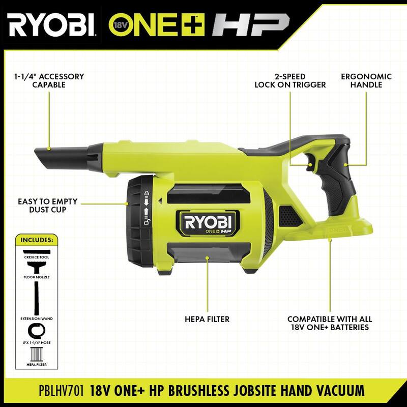 RYOBI ONE+ HP 18V Brushless Cordless Jobsite Hand Vacuum (Tool Only) - PBLHV701B