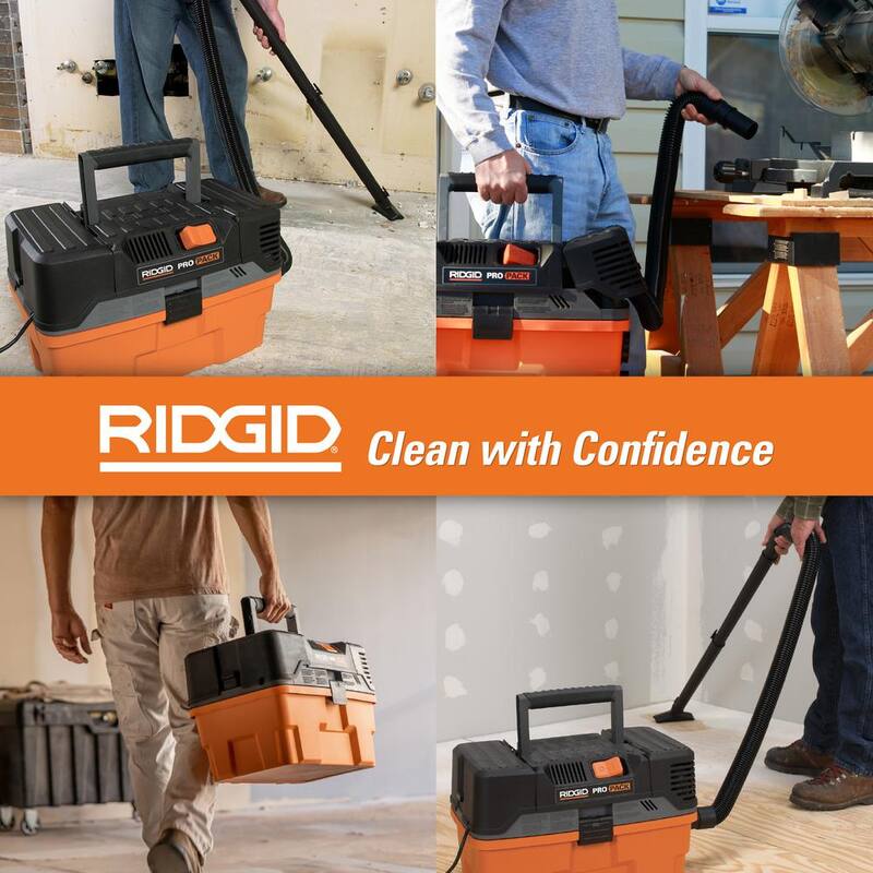 RIDGID 4.5 Gallon 5.0 Peak HP ProPack Shop Vac Wet Dry Vacuum with Fine Dust Filter, Expandable Locking Hose and Accessories - WD4522