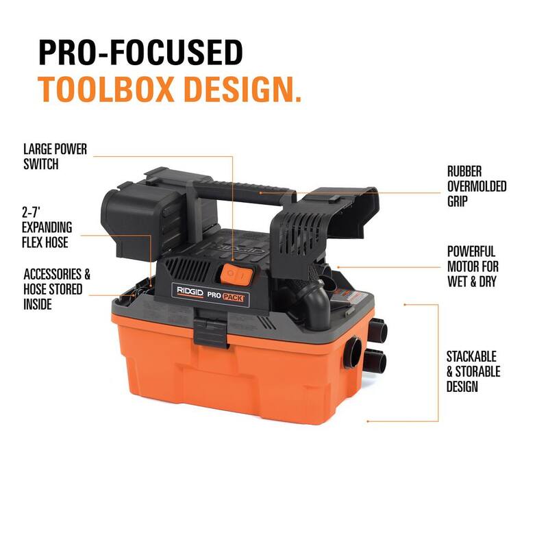 RIDGID 4.5 Gallon 5.0 Peak HP ProPack Shop Vac Wet Dry Vacuum with Fine Dust Filter, Expandable Locking Hose and Accessories - WD4522