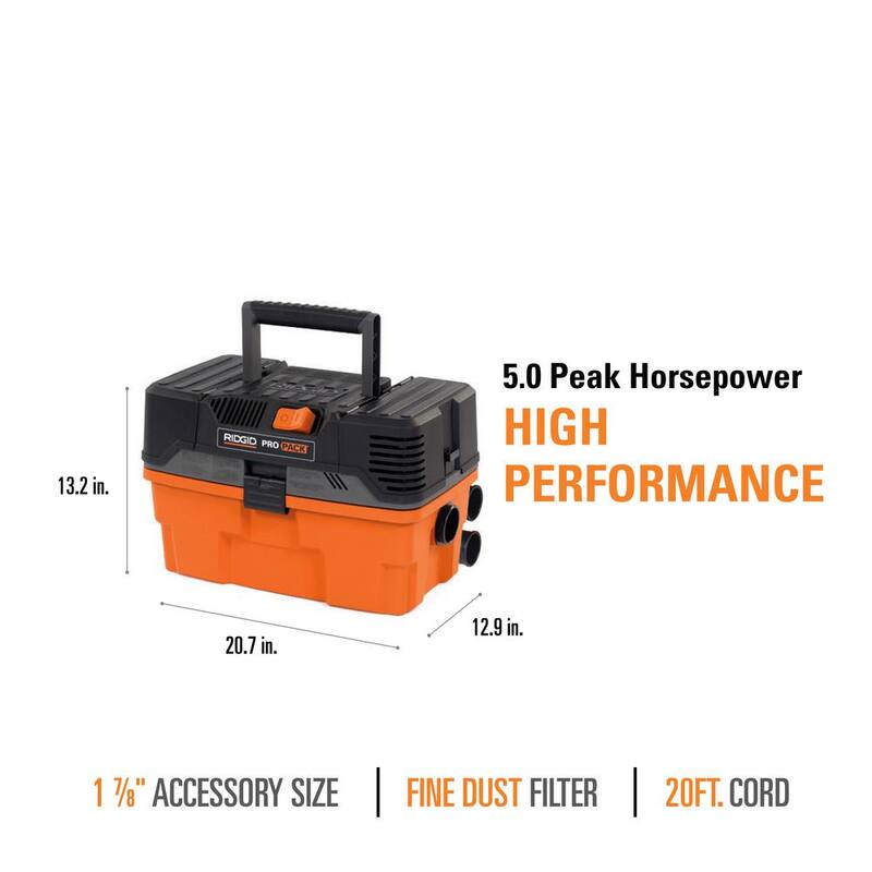 RIDGID 4.5 Gallon 5.0 Peak HP ProPack Shop Vac Wet Dry Vacuum with Fine Dust Filter, Expandable Locking Hose and Accessories - WD4522