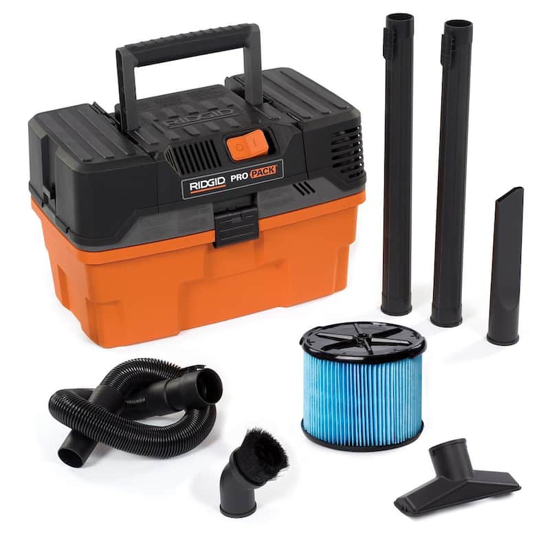 RIDGID 4.5 Gallon 5.0 Peak HP ProPack Shop Vac Wet Dry Vacuum with Fine Dust Filter, Expandable Locking Hose and Accessories - WD4522