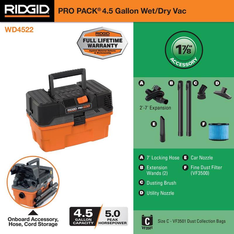 RIDGID 4.5 Gallon 5.0 Peak HP ProPack Shop Vac Wet Dry Vacuum with Fine Dust Filter, Expandable Locking Hose and Accessories - WD4522