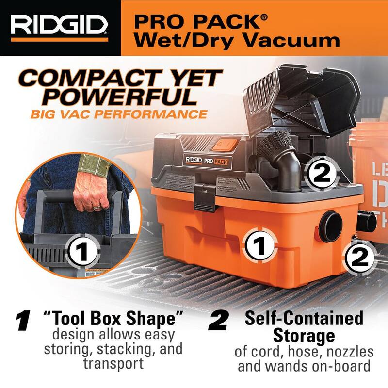 RIDGID 4.5 Gallon 5.0 Peak HP ProPack Shop Vac Wet Dry Vacuum with Fine Dust Filter, Expandable Locking Hose and Accessories - WD4522
