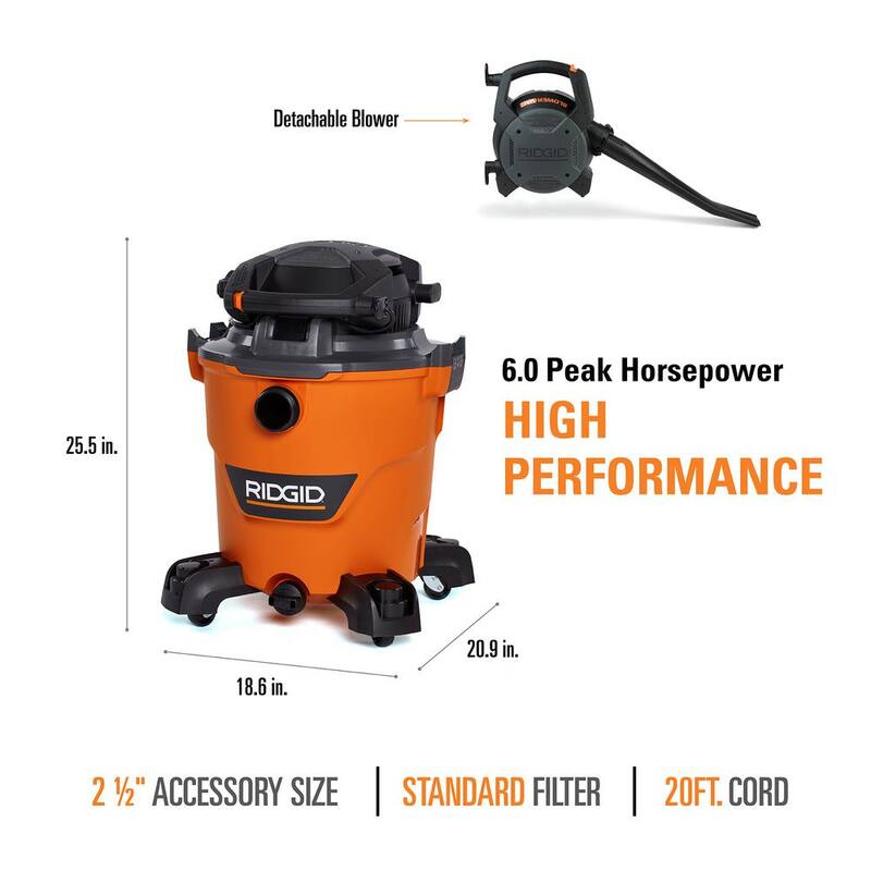 RIDGID 12 Gallon 6.0 Peak HP NXT Shop Vac Wet Dry Vacuum with Detachable Blower, Filter, Dust Bag, Locking Hose and Accessories - HD1280