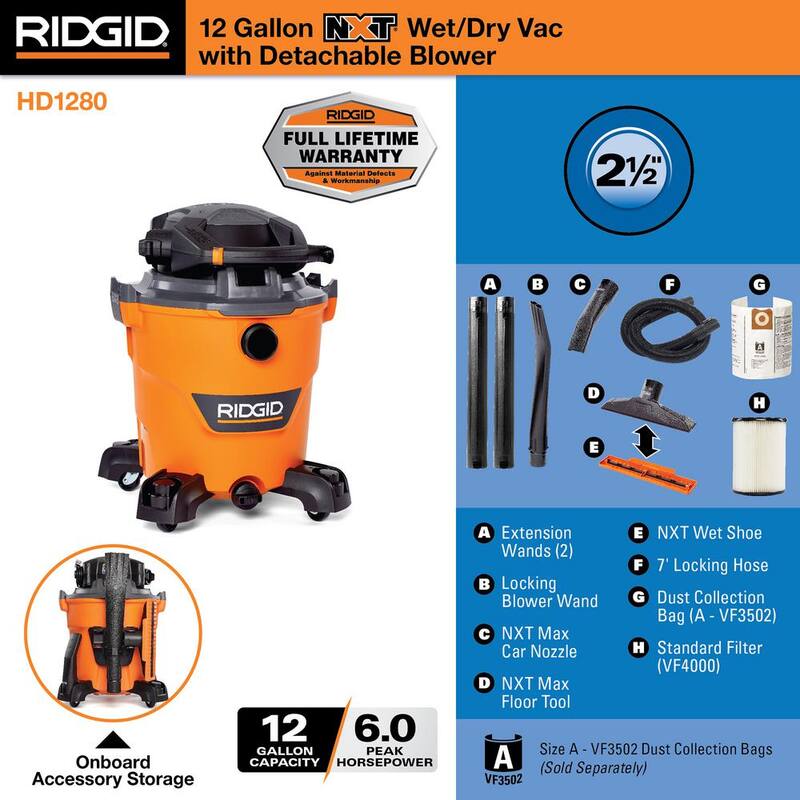 RIDGID 12 Gallon 6.0 Peak HP NXT Shop Vac Wet Dry Vacuum with Detachable Blower, Filter, Dust Bag, Locking Hose and Accessories - HD1280