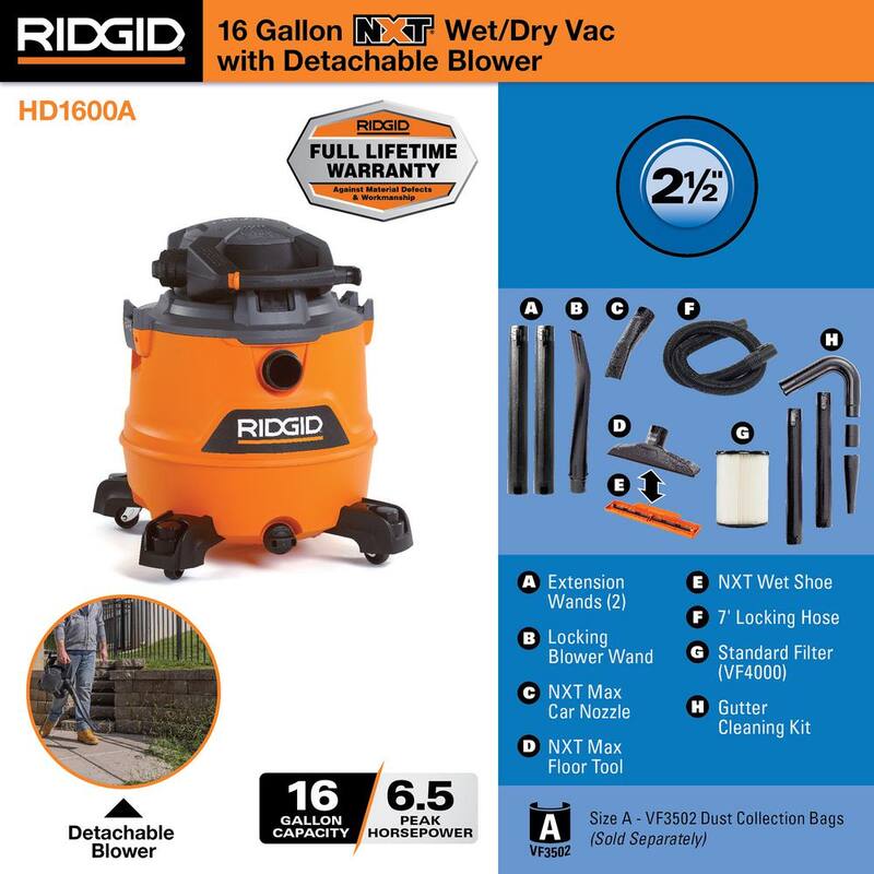 RIDGID 16 Gallon 6.5 Peak HP NXT Shop Vac Wet Dry Vacuum with Detachable Blower, Filter, Accessories and Gutter Cleaning Kit - HD1600A