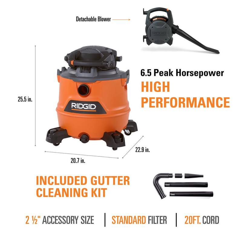 RIDGID 16 Gallon 6.5 Peak HP NXT Shop Vac Wet Dry Vacuum with Detachable Blower, Filter, Accessories and Gutter Cleaning Kit - HD1600A