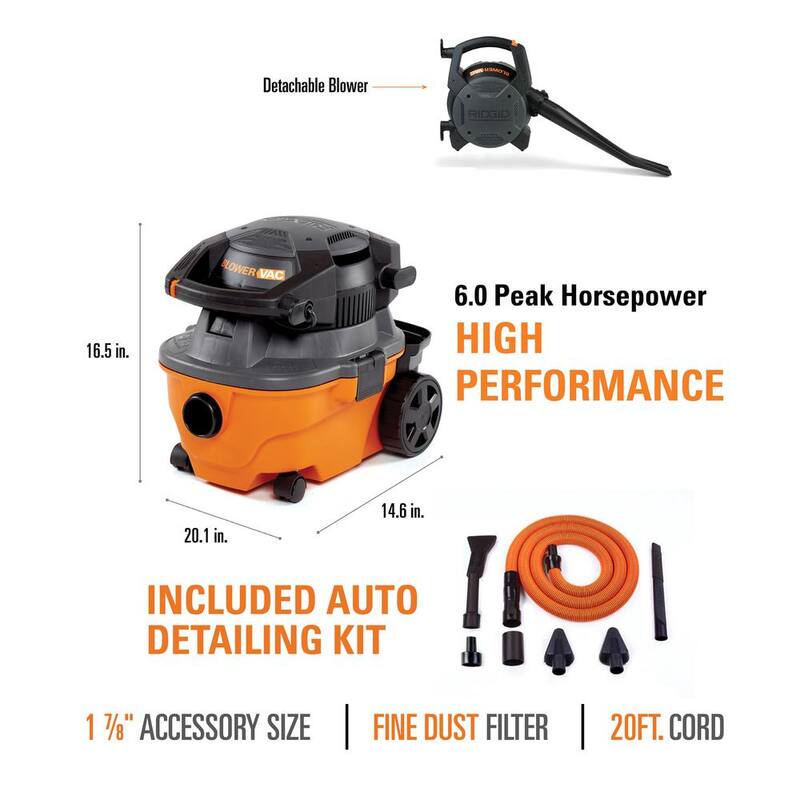 RIDGID 4 Gal. 6.0 Peak HP Shop Vac Wet Dry Vacuum with Detachable Blower, Fine Dust Filter, Hose, Accessories, Car Cleaning Kit - WD4080A