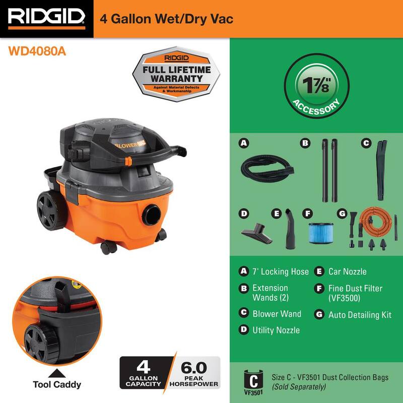 RIDGID 4 Gal. 6.0 Peak HP Shop Vac Wet Dry Vacuum with Detachable Blower, Fine Dust Filter, Hose, Accessories, Car Cleaning Kit - WD4080A