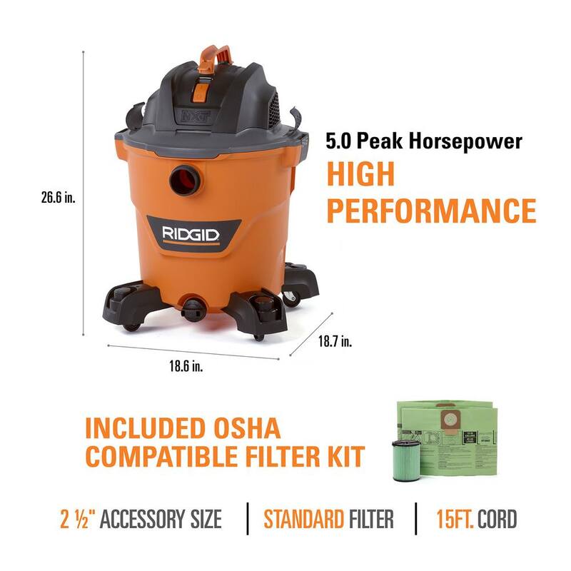 RIDGID 12 Gallon 5.0 Peak HP NXT Shop Vac Wet Dry Vacuum with Filter, Locking Hose, Accessories, OSHA and HEPA Filtration Kit - HD1200E