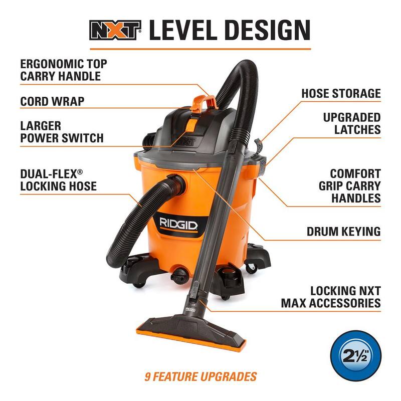 RIDGID 12 Gallon 5.0 Peak HP NXT Shop Vac Wet Dry Vacuum with Filter, Locking Hose, Accessories, OSHA and HEPA Filtration Kit - HD1200E