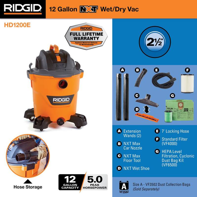 RIDGID 12 Gallon 5.0 Peak HP NXT Shop Vac Wet Dry Vacuum with Filter, Locking Hose, Accessories, OSHA and HEPA Filtration Kit - HD1200E