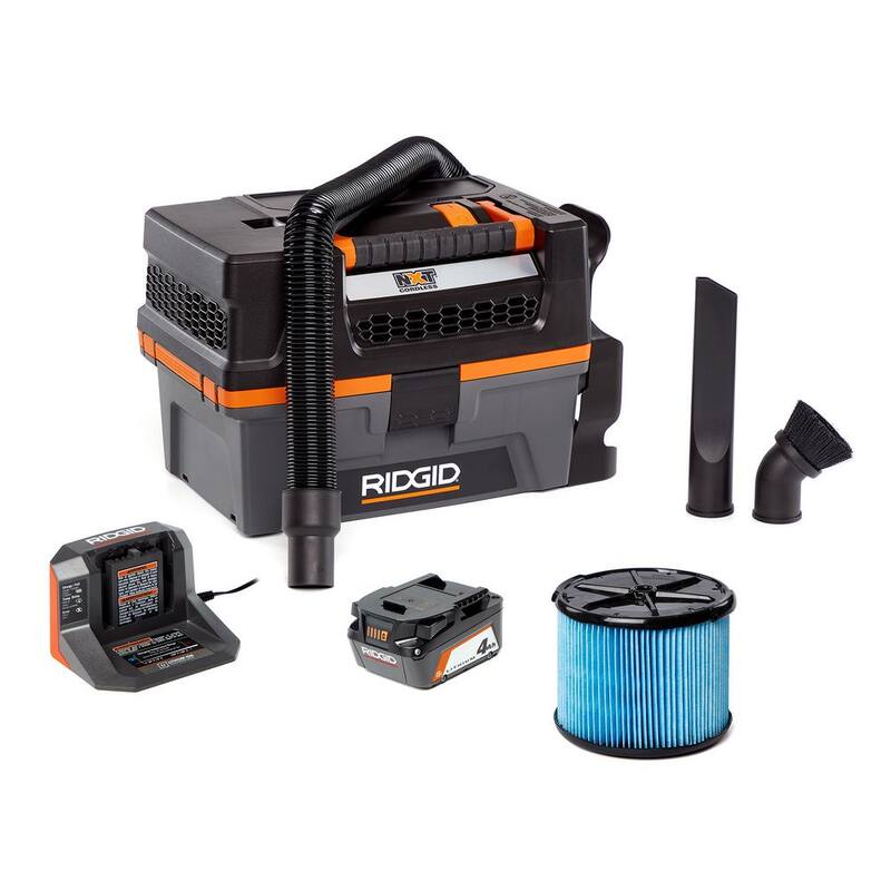 RIDGID 3 Gal. 18-Volt Cordless Handheld NXT Shop Vac Wet Dry Vacuum with Filter, Hose, Accessories, 4.0 Ah Battery and Charger - HD0320