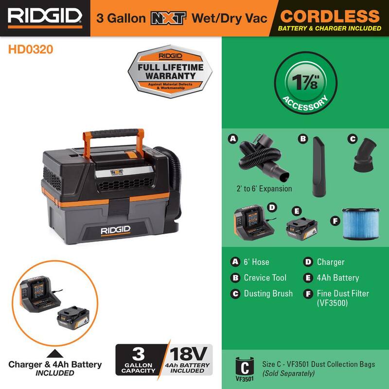 RIDGID 3 Gal. 18-Volt Cordless Handheld NXT Shop Vac Wet Dry Vacuum with Filter, Hose, Accessories, 4.0 Ah Battery and Charger - HD0320