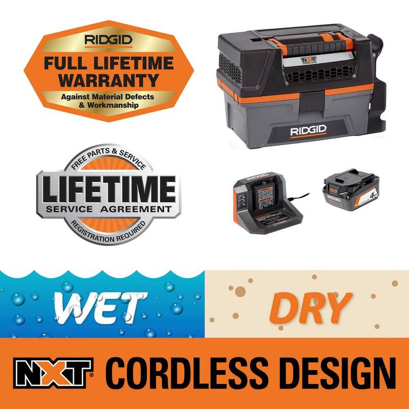 RIDGID 3 Gal. 18-Volt Cordless Handheld NXT Shop Vac Wet Dry Vacuum with Filter, Hose, Accessories, 4.0 Ah Battery and Charger - HD0320